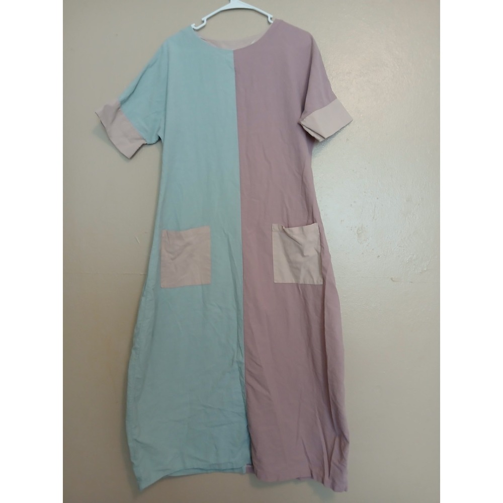 Colorblock Midi Dress Medium Artsy Lagenlook Cotton Cottage Boho Bohemian Pocket